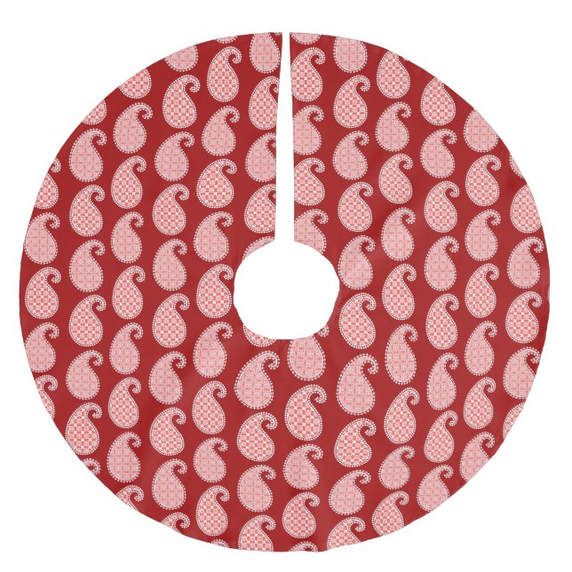 Falda Para El Árbol De Navidad De Poliéster Patrón paisley, rojo profundo y blanco (Anverso)