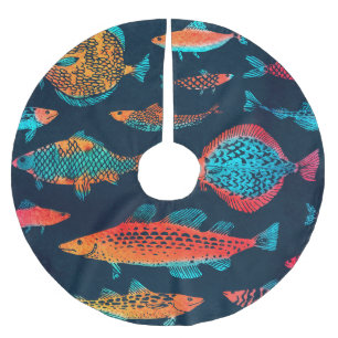 Falda Para El Árbol De Navidad De Poliéster Peces acuarelas: Azul profundo sin foco