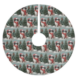 Falda Para El Árbol De Navidad De Poliéster Perro Chin Japonés en Navidad con Nieve