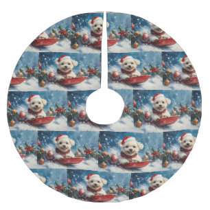 Falda Para El Árbol De Navidad De Poliéster Perro maltés en trineo Deja que nieve Navidad