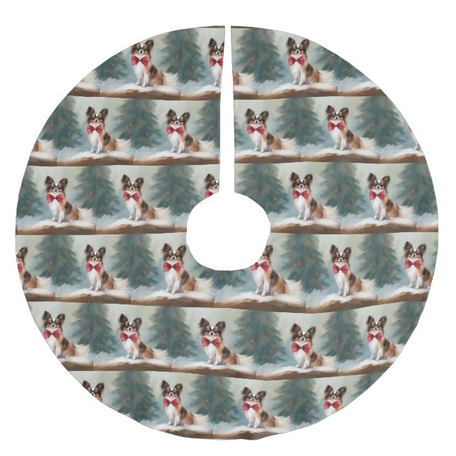 Falda Para El Árbol De Navidad De Poliéster Perro Papillon en Navidades de nieve (Anverso)