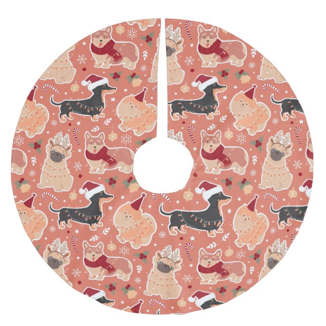 Falda Para El Árbol De Navidad De Poliéster Perros (Anverso)