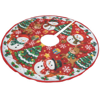 Falda Para El Árbol De Navidad De Poliéster Personajes de muñecos de nieve y renos de Navidad