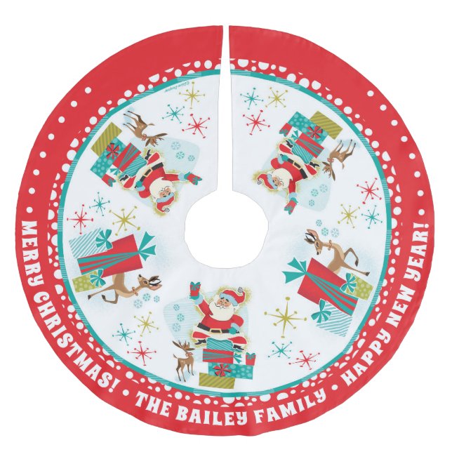 Falda Para El Árbol De Navidad De Poliéster Personalizable Retro Santa con regalos (Anverso)