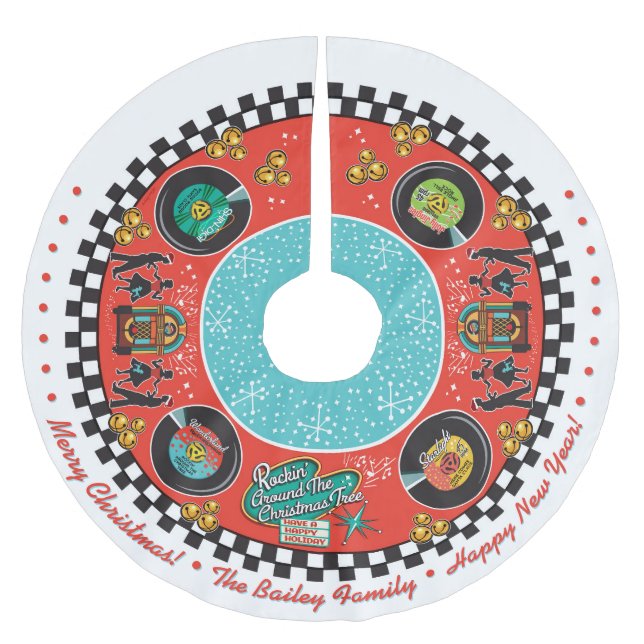 Falda Para El Árbol De Navidad De Poliéster Personalizable Rockin' alrededor de Navidades (Anverso)