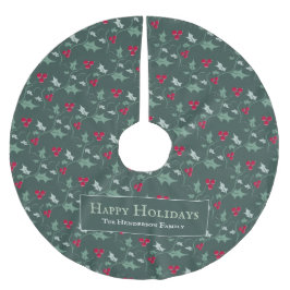 Falda Para El Árbol De Navidad De Poliéster Personalizado de patrón de follaje de bayas verdes