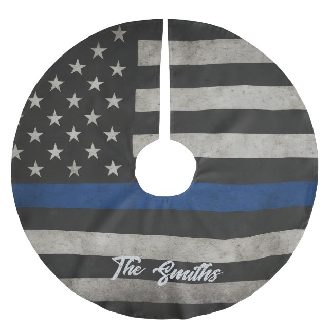 Falda Para El Árbol De Navidad De Poliéster Personalized Thin Blue Line American Flag (Anverso)