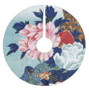 Falda Para El Árbol De Navidad De Poliéster Pintura de flores de pavo real y peonías vintage