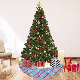 Falda Para El Árbol De Navidad De Poliéster Plaid de invierno azul de Navidad copo de nieve 