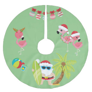 Falda Para El Árbol De Navidad De Poliéster Playa Tropical Santa y Flamingos