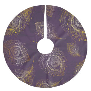 Falda Para El Árbol De Navidad De Poliéster Pluma de pavo real dorada, fondo violeta.