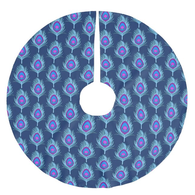 Falda Para El Árbol De Navidad De Poliéster Plumas de pavo real, marina y azul pastel (Anverso)