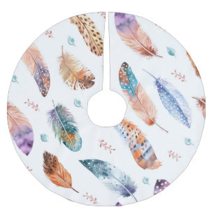 Falda Para El Árbol De Navidad De Poliéster Plumas dibujadas a mano: Patrón de fondo blanco