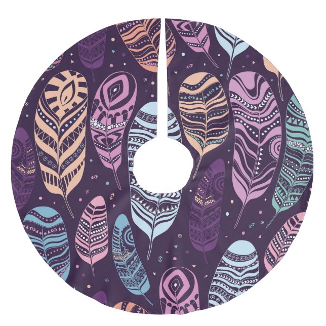 Falda Para El Árbol De Navidad De Poliéster plumas étnicas: negro y blanco (Anverso)