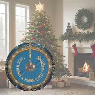 Falda Para El Árbol De Navidad De Poliéster Poinsettia blanca sobre marco dorado con azul