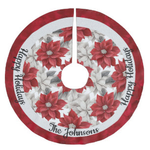 Falda Para El Árbol De Navidad De Poliéster Poinsettia blanca y roja personalizada