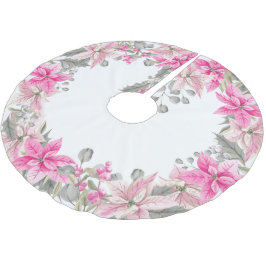 Falda Para El Árbol De Navidad De Poliéster Poinsettia rosa floral de invierno y Holly