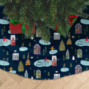 Falda Para El Árbol De Navidad De Poliéster Pueblo navideño patrón azul 'Feliz Navidad'