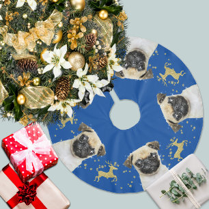 Falda Para El Árbol De Navidad De Poliéster Pug con Navidades de venados Purpurinas de oro   A