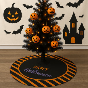 Falda Para El Árbol De Navidad De Poliéster Rayas Negras y Naranjas Feliz Halloween