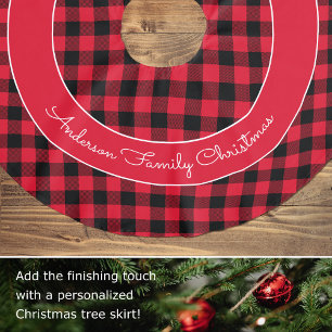 Falda Para El Árbol De Navidad De Poliéster Red Buffalo Plaid Family Name Rustic Navidades