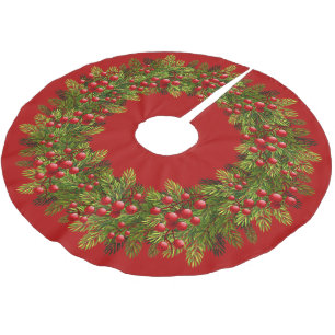 Falda Para El Árbol De Navidad De Poliéster Red Holly Berries Green Pine Tree Needles Motif