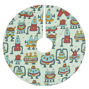 Falda Para El Árbol De Navidad De Poliéster Robots Aliens Ilustracion de patrones de vintage