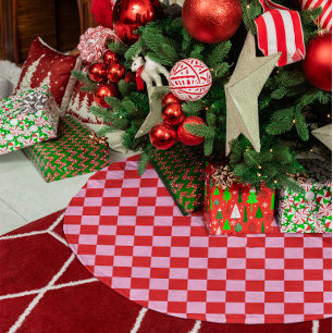 Falda Para El Árbol De Navidad De Poliéster Rojo Brillante y Cuadros Rosa Claro