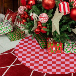 Falda Para El Árbol De Navidad De Poliéster Rojo Brillante y Cuadros Rosa Claro