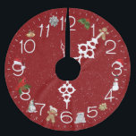 Falda Para El Árbol De Navidad De Poliéster Rojo Reloj Con Elementos Navidades<br><div class="desc">Un reloj blanco vintage con fondo rojo con Navidades divertidos elementos de vacaciones con copos de nieve. Se puede cambiar el color de fondo.</div>