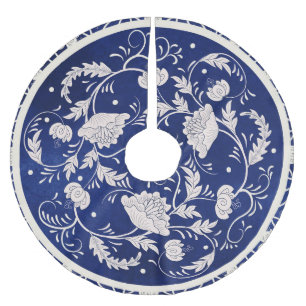Falda Para El Árbol De Navidad De Poliéster Ronda floral china: cosecha de color azul