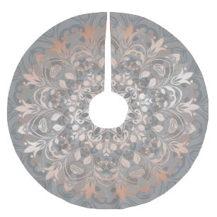 Falda Para El Árbol De Navidad De Poliéster Rosa Dorado Floral Gris Mandala Cepillado Poliést