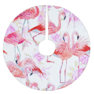 Falda Para El Árbol De Navidad De Poliéster Rosa Flamingo: Floral de aves acuáticas