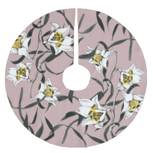 Falda Para El Árbol De Navidad De Poliéster Rosa floral: Patrón de acuarela dibujado a mano