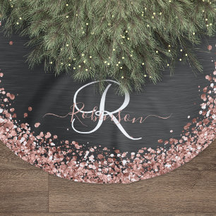 Falda Para El Árbol De Navidad De Poliéster Rosa personalizado Purpurina de oro Monograma de e