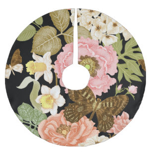 Falda Para El Árbol De Navidad De Poliéster Rosas Vintage Peonies: Patrón floral negro