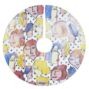 Falda Para El Árbol De Navidad De Poliéster Rostros de mujeres abstractas, puntos de polka acu