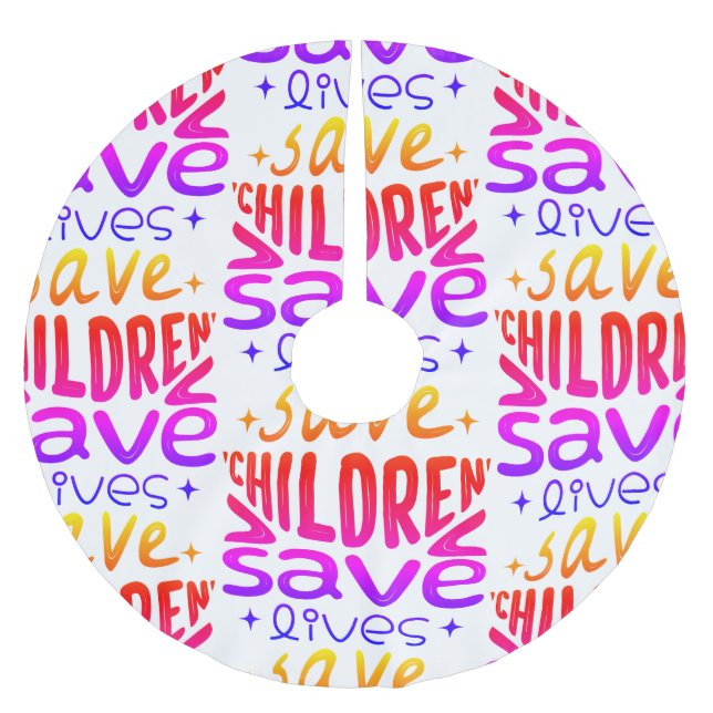 Falda Para El Árbol De Navidad De Poliéster Salven niños, salven vidas (Anverso)