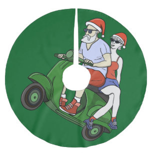 Falda Para El Árbol De Navidad De Poliéster Santa y la Sra. Claus montando una moto
