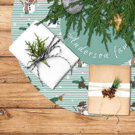 Falda Para El Árbol De Navidad De Poliéster Simpáticos muñecos de nieve sobre fondo rayado