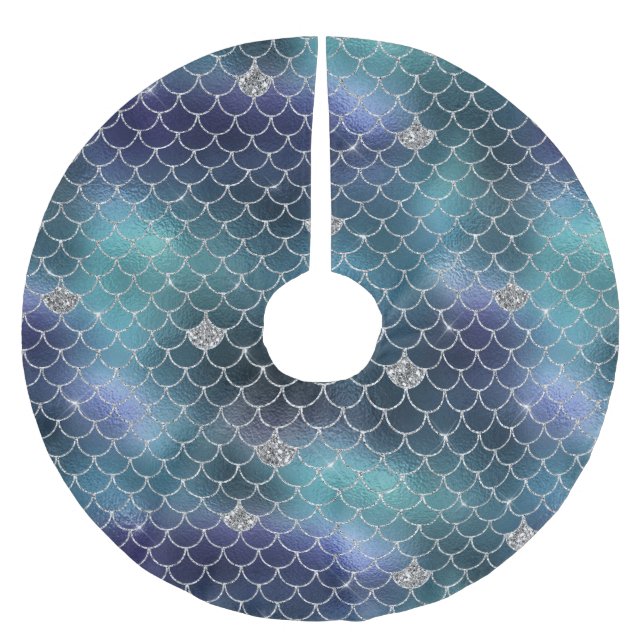 Falda Para El Árbol De Navidad De Poliéster Sirena azul Aqua de Plata (Anverso)