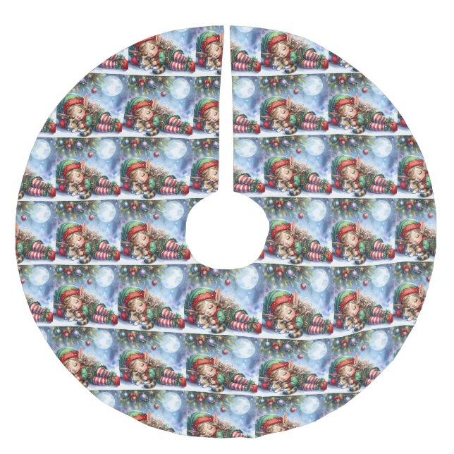 Falda Para El Árbol De Navidad De Poliéster Sleeping Christmas Elf with Calico Kitten (Anverso)