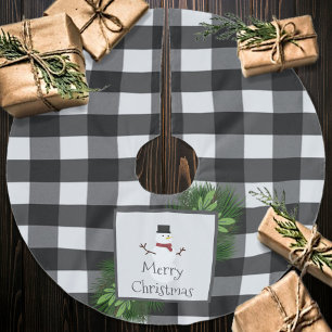 Falda Para El Árbol De Navidad De Poliéster Snowman Buffalo Plaid   Blanco y negro