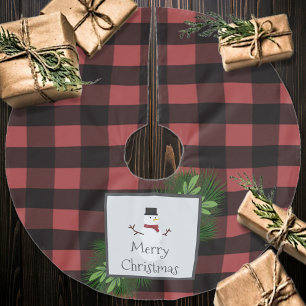 Falda Para El Árbol De Navidad De Poliéster Snowman Red Buffalo Plaid   Rojo y negro