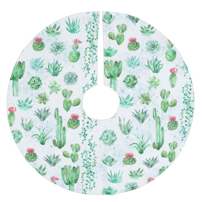 Falda Para El Árbol De Navidad De Poliéster Suculento Jardín: Acuarela De Fondo Impresionante. (Anverso)