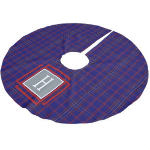 Falda Para El Árbol De Navidad De Poliéster Tartan Monograma Azul Rojo 
