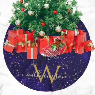 Falda Para El Árbol De Navidad De Poliéster Terciopelo Monogramado con Estrellas Doradas en Az