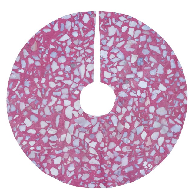 Falda Para El Árbol De Navidad De Poliéster Textura de Terrazzo: Elegancia blanca rosada. (Anverso)