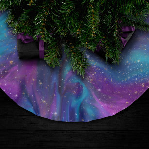 Falda Para El Árbol De Navidad De Poliéster Tinta cósmica   Galaxia azul turquesa púrpura Nebu