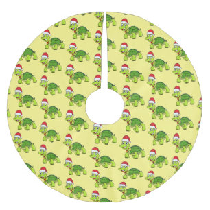 Falda Para El Árbol De Navidad De Poliéster Tortuga alegre lindo con sombrero de Santa